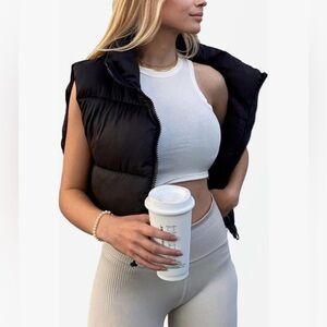 Women's Fashion High Neck Zipper Cropped Puffer Vest Jacket Coat